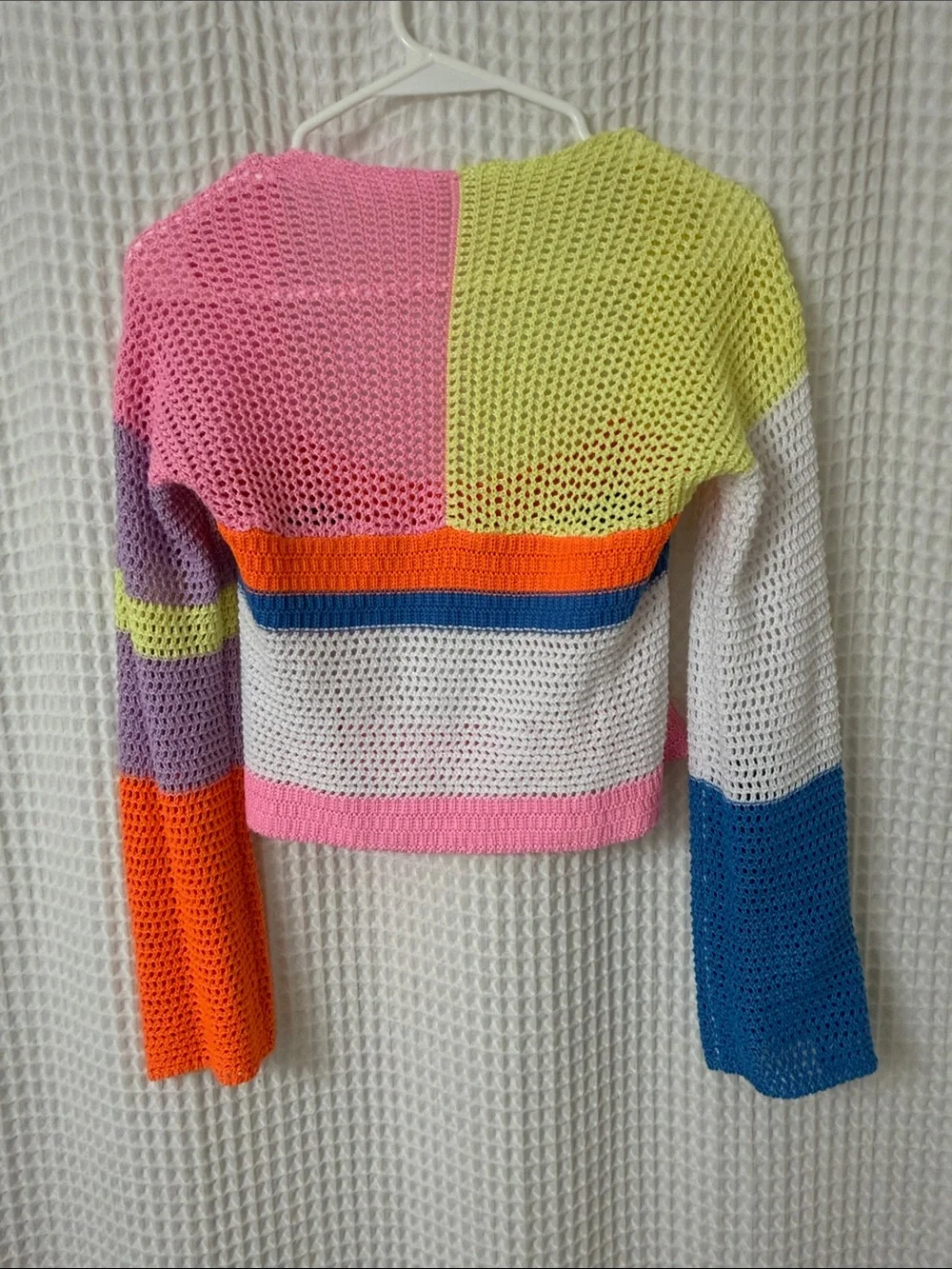 Crochet Open Knit Crop Top Neon Rainbow Multicolor Patchwork Festival Y2K Small - Picture 3 of 3